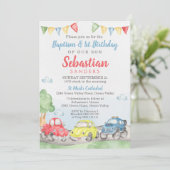 Cute Cars Baptism 1e verjaardag Uitnodiging (Staand voorkant)