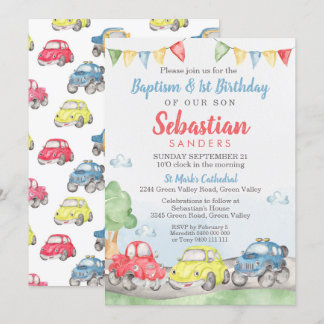 Cute Cars Baptism 1er Anniversaire Invitation