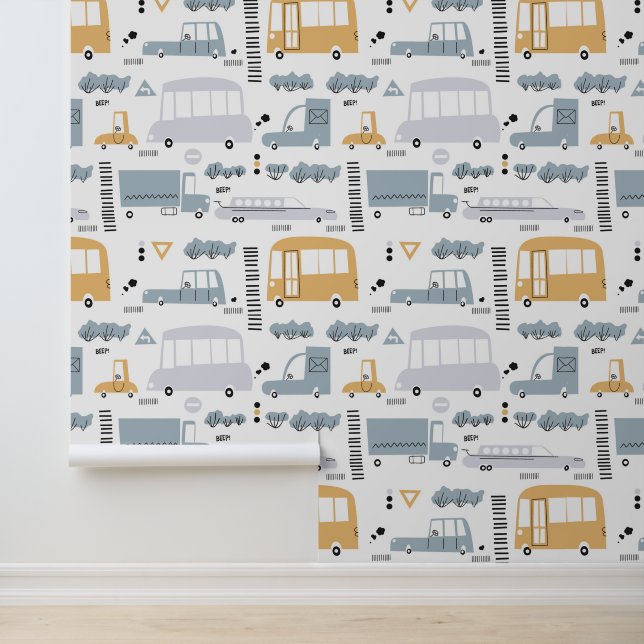 Cute Cars in Traffic Pattern Behang (Applicatie)