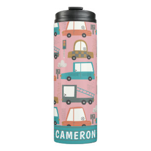 Cute Cars Trucks Pink Personalized Thermosbeker