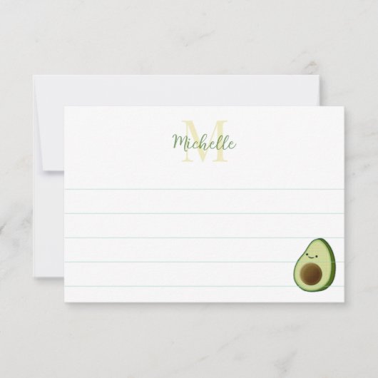 Cute Cartoon Avocado Custom Monogram Lined Notitiekaartje (Voorkant)