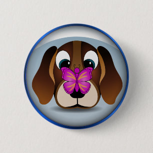 Cute Cartoon Beagle Puppy Dog and Butterfly Round Ronde Button 5,7 Cm