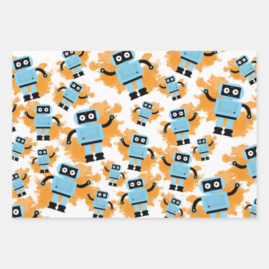Cute Cartoon Blue Robot Oranje Waterverf Splash Inpakpapier Vel