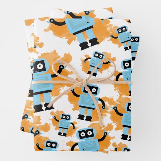 Cute Cartoon Blue Robot Oranje Waterverf Splash Inpakpapier Vel (In situ)