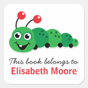 Cute cartoon bookworm gepersonaliseerde bookplate vierkante sticker