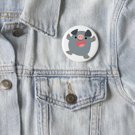 Cute Cartoon Bouncy Pig Button Badge (In situ)