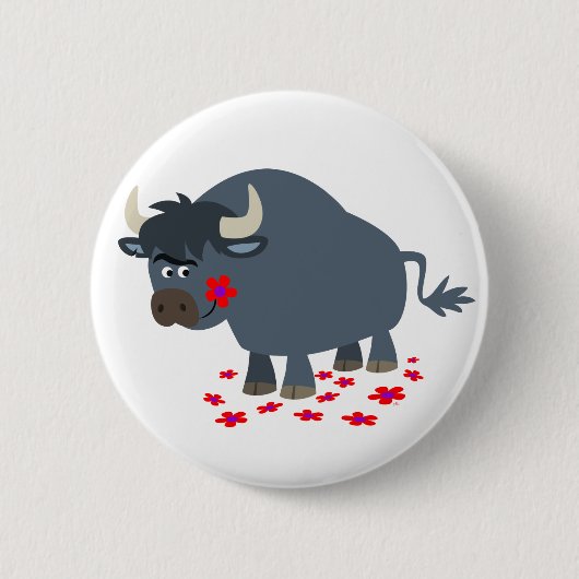Cute Cartoon Bull en Red Bloom Button Badge (Voorkant)