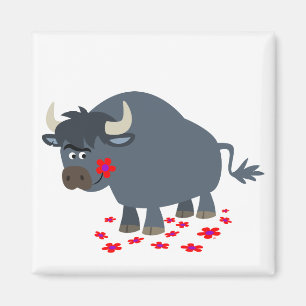 Cute Cartoon Bull en Red Bloom Magnet Magneet