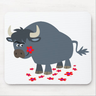 Cute Cartoon Bull en Red Bloom Mousepad Muismat