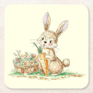 Cute Cartoon Bunny Rabbit Sketch Vierkante Kartonnen Onderzetter