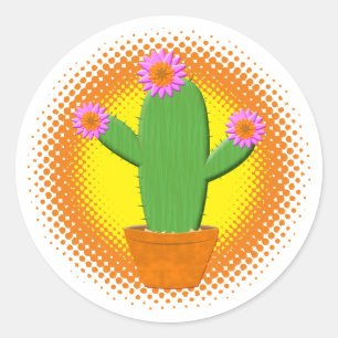 Cute Cartoon cactus met roze bloemen Ronde Sticker