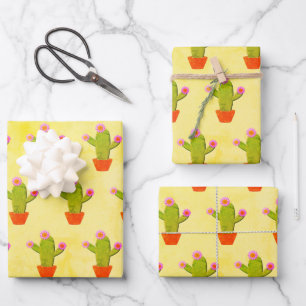 Cute Cartoon cactus met roze bloemen schilderen Inpakpapier Vel