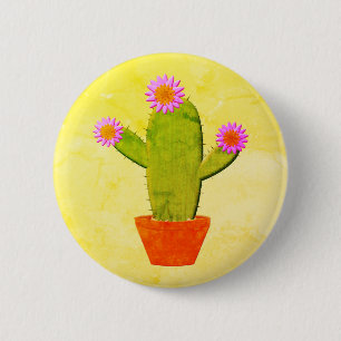 Cute Cartoon cactus met roze bloemen schilderen Ronde Button 5,7 Cm