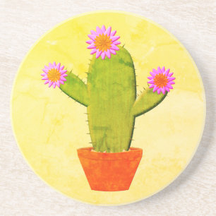 Cute Cartoon cactus met roze bloemen schilderen Zandsteen Onderzetter