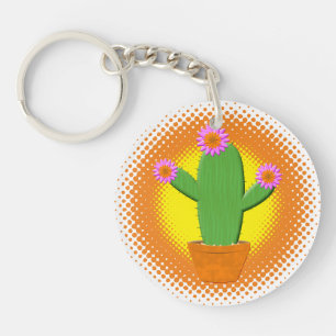 Cute Cartoon cactus met roze bloemen Sleutelhanger
