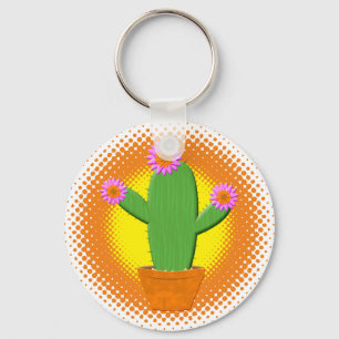 Cute Cartoon cactus met roze bloemen Sleutelhanger