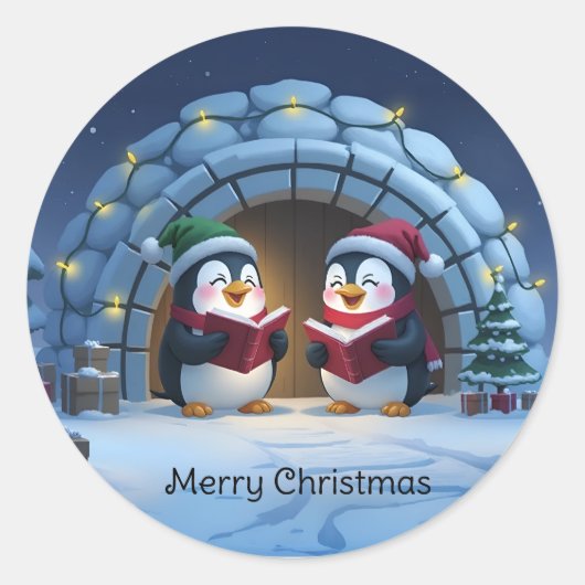 Cute Cartoon Caroling Penguins Ronde Sticker (Voorkant)