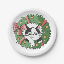 Cute Cartoon Cat in Christmas Wreath Papieren Bordje