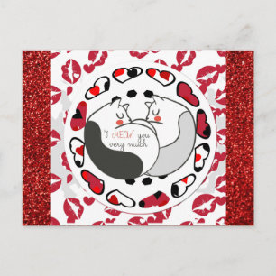 Cute Cartoon Cat Love Red Glitter Briefkaart
