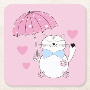 Cute cartoon cat met paraplu vierkante kartonnen onderzetter