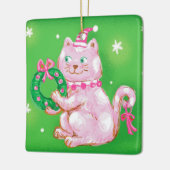 Cute Cartoon Christmas Cat Holding Wreath Keramisch Ornament (Links)