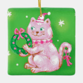 Cute Cartoon Christmas Cat Holding Wreath Keramisch Ornament (Voorkant)