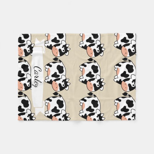 Cute Cartoon Cow Pattern & Name in Script Fleece Deken (Voorkant (Horizontaal))