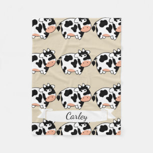 Cute Cartoon Cow Pattern & Name in Script Fleece Deken