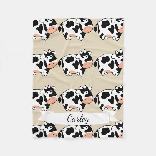 Cute Cartoon Cow Pattern & Name in Script Fleece Deken (Voorkant)