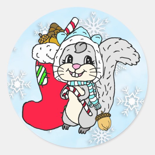 Cute Cartoon Festive Squirrel Kerstmis Ronde Sticker (Voorkant)