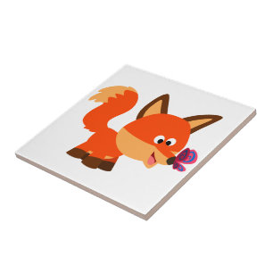 Cute Cartoon Fox and Butterfly Tile Tegeltje