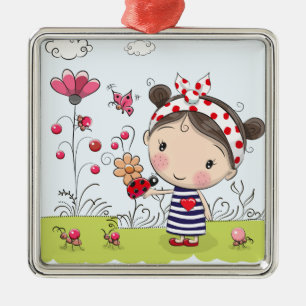 Cute Cartoon Girl met Ladybug in Garden Scene Metalen Ornament