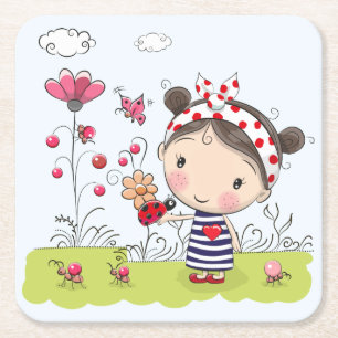 Cute Cartoon Girl met Ladybug in Garden Scene Vierkante Kartonnen Onderzetter