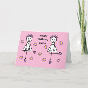 Cute Cartoon Girls Twins Pink Birthday Card Kaart