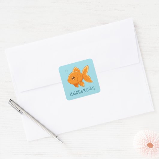 Cute Cartoon Goldfish on Blue Custom Name Vierkante Sticker (Envelop)