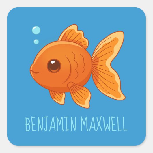 Cute Cartoon Goldfish on Blue Custom Name Vierkante Sticker (Voorkant)