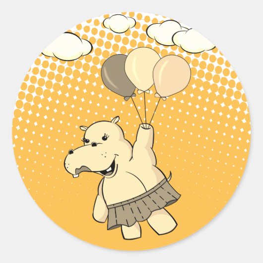 Cute Cartoon Hippo die vliegt met luchtballonnen Ronde Sticker (Voorkant)