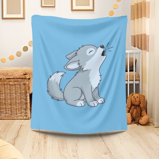 Cute Cartoon Howling Wolf Pup Blue Fleece Deken