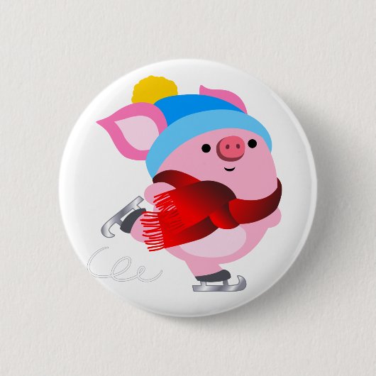 Cute Cartoon Ice Skating Pig Button (Voorkant)