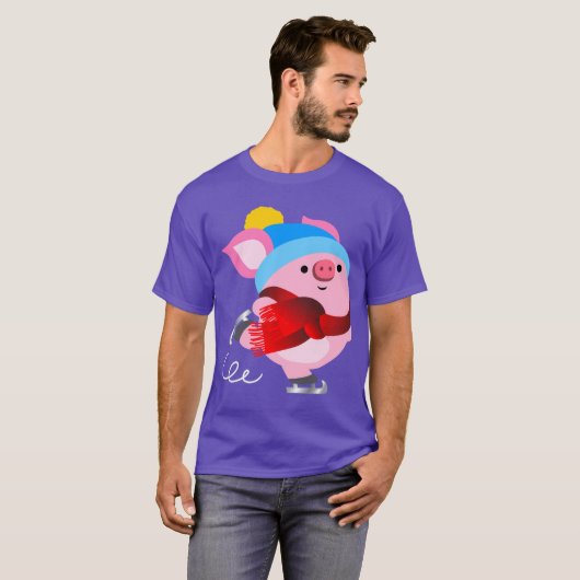 Cute Cartoon Ice Skating Pig T-Shirt (Voorkant volledig)