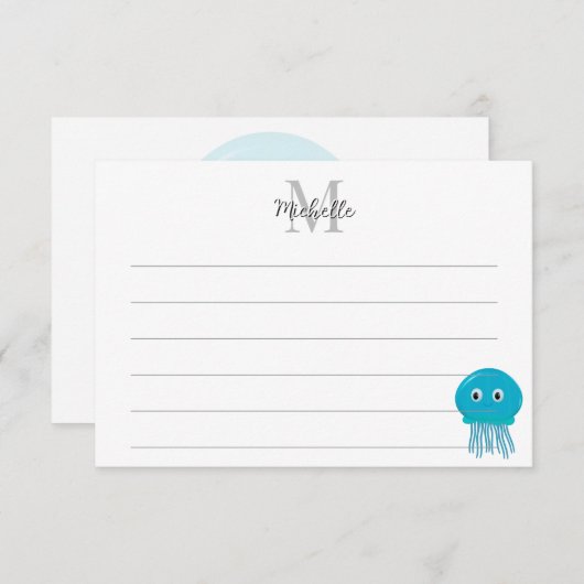 Cute Cartoon Jellyfish Custom Lined Monogram Notitiekaartje (Voorkant / Achterkant)