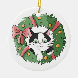 Cute Cartoon Kat in Kerst Krans Ornament