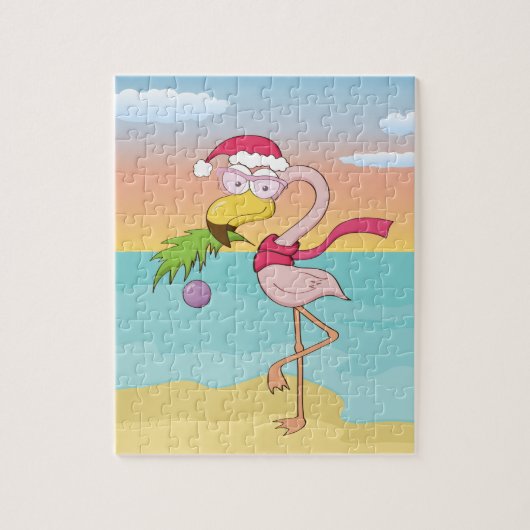 Cute cartoon kerstflamingo op het strand legpuzzel (Verticaal)