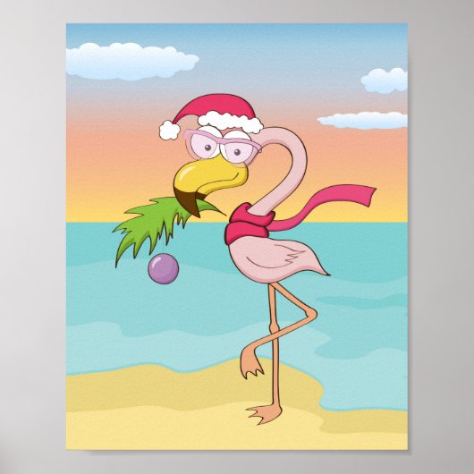 Cute cartoon kerstflamingo op het strand poster (Voorkant)