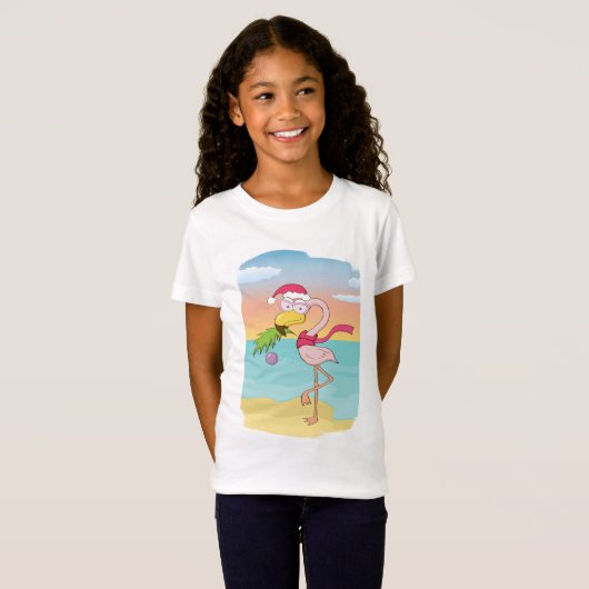 Cute cartoon kerstflamingo op het strand t-shirt (Voorkant volledig)