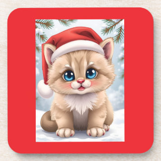 Cute cartoon kitten Christmas fun Bier Onderzetter