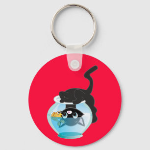 Cute Cartoon Kitten, Fish and bowl Sleutelhanger