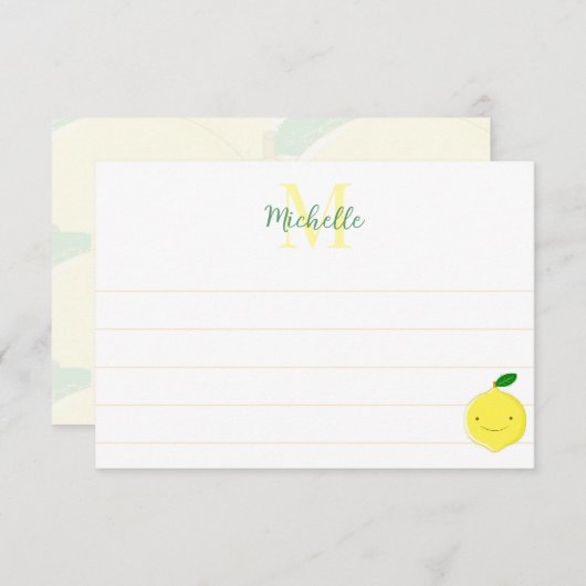 Cute Cartoon Lemon Custom Lined Monogram Notitiekaartje (Voorkant / Achterkant)
