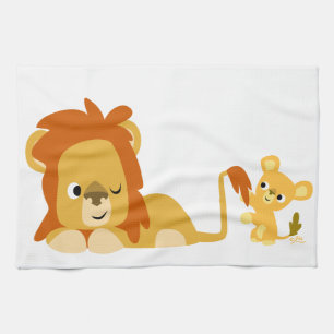 Cute Cartoon Lion Dad en Cub Kitchen Towel Theedoek
