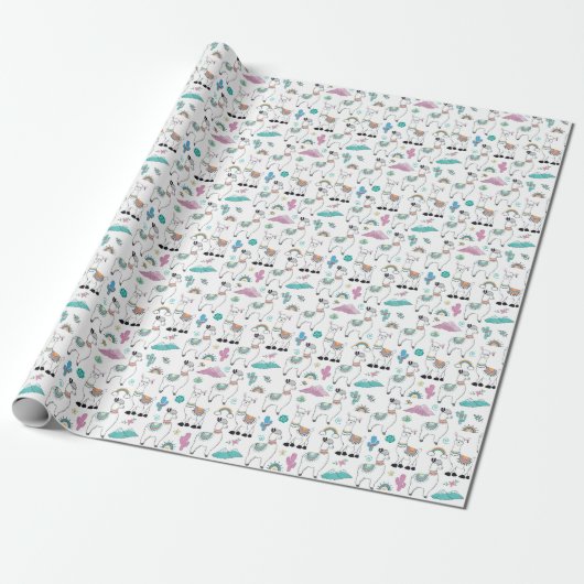 Cute Cartoon Llama Pattern Cadeaupapier (Uitgerold)